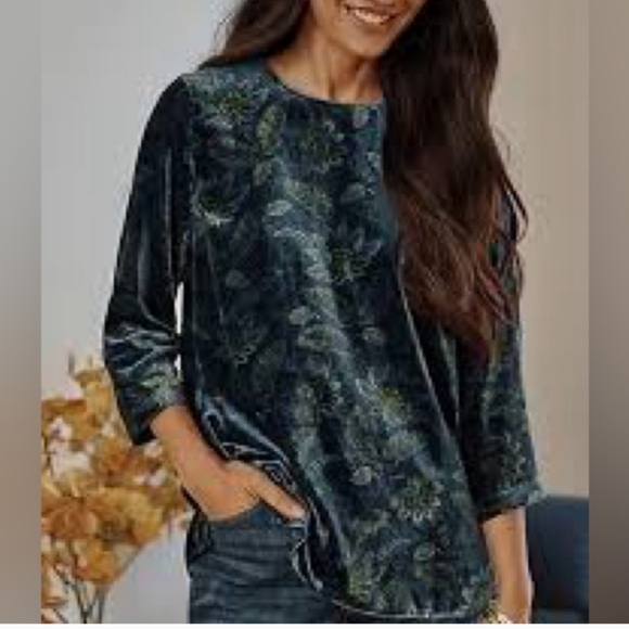 J. Jill Velvet Floral Blouse - Deep Blue and Green - Picture 5 of 10